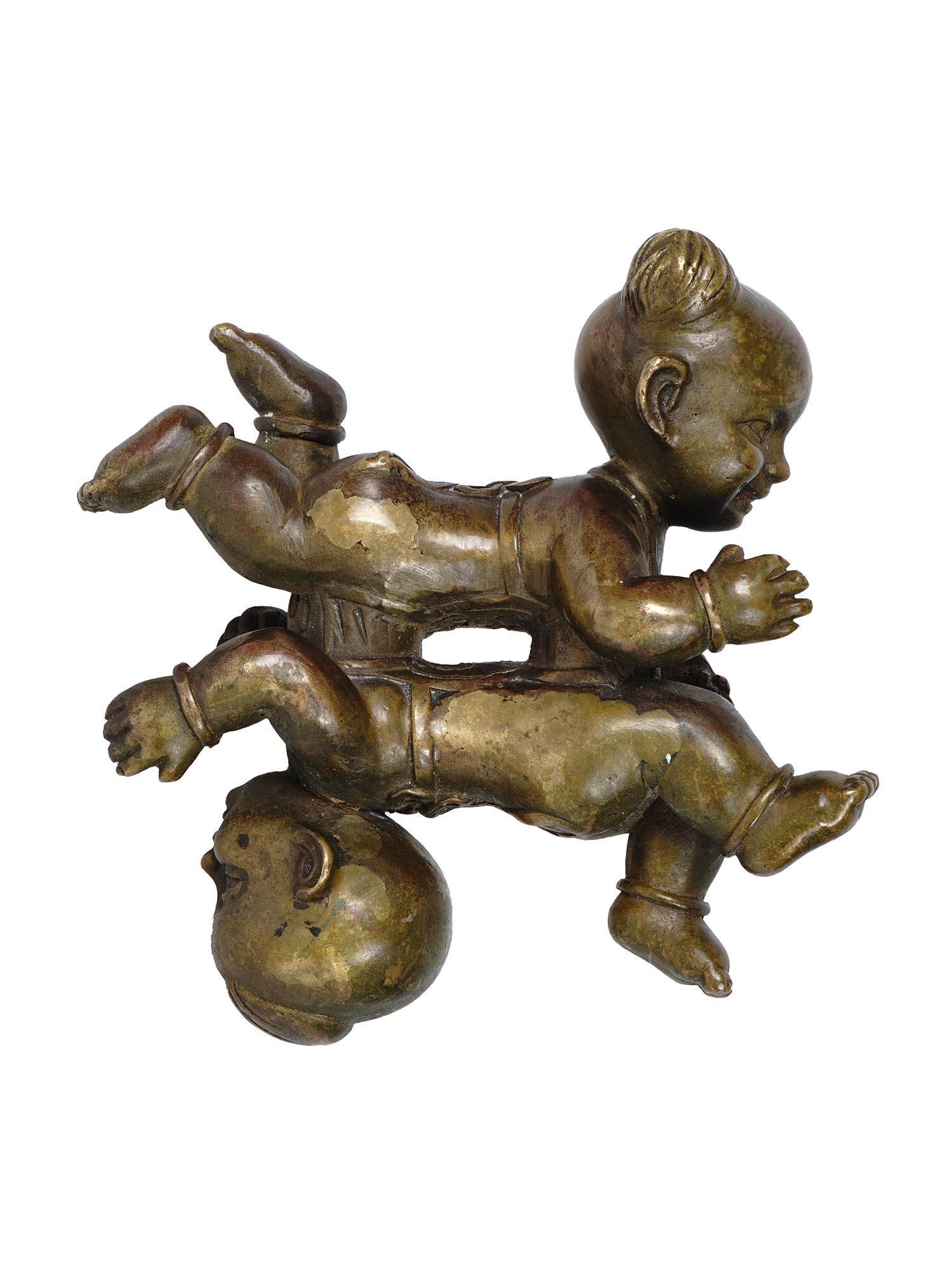 CHINESE TWO KIDS PATINATED BRASS AMULET FIGURINE PIC-1